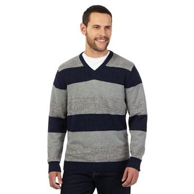 Big and tall grey and navy twist striped v neck jumper